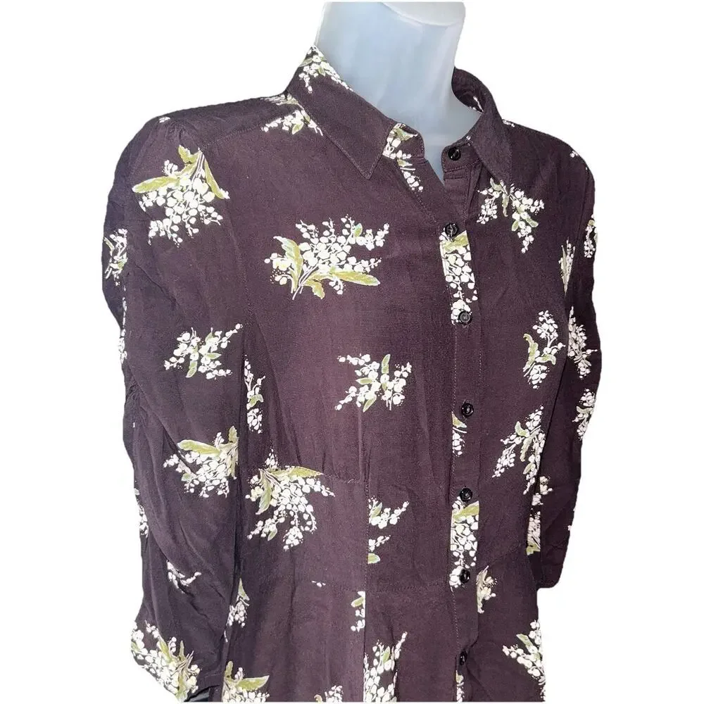 Free People Lovely Mini Dress Size XS Plum Brown Floral Button Down Collar Boho - Picture 4 of 9